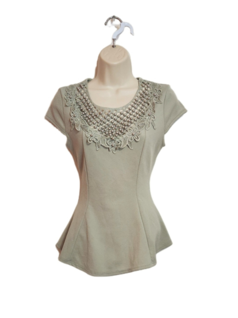 Fashion Magazine Vintage Pearl Embellished Cutout Neckline Blouse Green Small